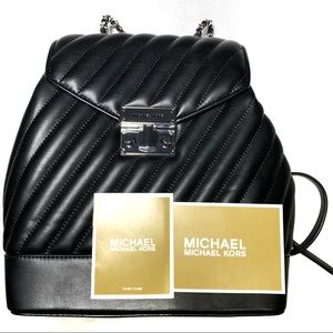 Michael Khors Black Quilted Padded Leather Backpack with Chain Strap